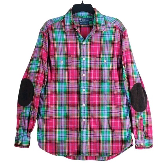 Polo Ralph Lauren Dungaree Work Shirt Mens L Green Red Blanket Flannel Plaid LS - Picture 1 of 12